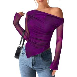 PRETTYGARDEN Womens Fall Trendy Off Shoulder Y2k Tops 2026 Tie Dye Mesh Long Sleeve Shirts Asymmetrical Ruched Floral Blouse(Print Purple)