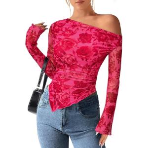 PRETTYGARDEN Womens Fall Trendy Off Shoulder Y2k Tops 2026 Tie Dye Mesh Long Sleeve Shirts Asymmetrical Ruched Floral Blouse(Rose Tan)