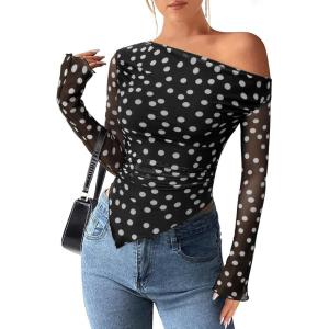 PRETTYGARDEN Womens Fall Trendy Off Shoulder Y2k Tops 2026 Tie Dye Mesh Long Sleeve Shirts Asymmetrical Ruched Floral Blouse(Small Dot Black)