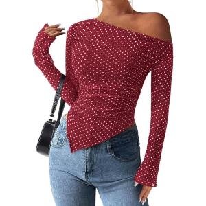 PRETTYGARDEN Womens Fall Trendy Off Shoulder Y2k Tops 2026 Tie Dye Mesh Long Sleeve Shirts Asymmetrical Ruched Floral Blouse(Small Dot Red White)