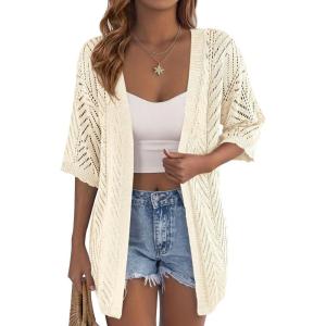 PRETTYGARDEN Women’s Lightweight Summer Cardigans 2026 Short Sleeve Knit Crochet Coverups Spring Boho Beach Vacation Clothes(Beige)