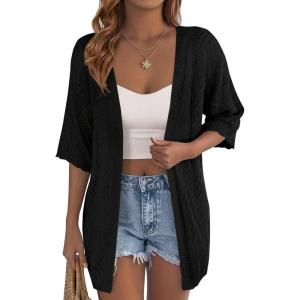 PRETTYGARDEN Women’s Lightweight Summer Cardigans 2026 Short Sleeve Knit Crochet Coverups Spring Boho Beach Vacation Clothes(Black)