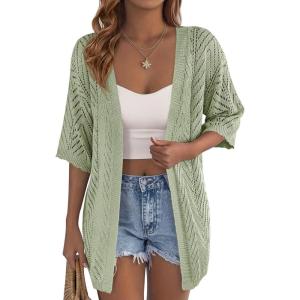 PRETTYGARDEN Women’s Lightweight Summer Cardigans 2026 Short Sleeve Knit Crochet Coverups Spring Boho Beach Vacation Clothes(Green)