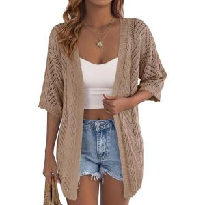PRETTYGARDEN Women’s Lightweight Summer Cardigans 2026 Short Sleeve Knit Crochet Coverups Spring Boho Beach Vacation Clothes(Light Brown)