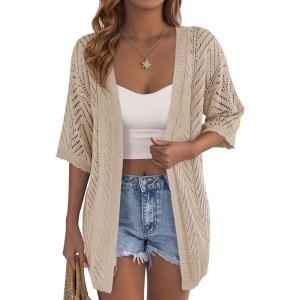 PRETTYGARDEN Women’s Lightweight Summer Cardigans 2026 Short Sleeve Knit Crochet Coverups Spring Boho Beach Vacation Clothes(Light Khaki)