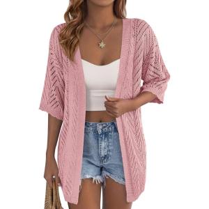 PRETTYGARDEN Women’s Lightweight Summer Cardigans 2026 Short Sleeve Knit Crochet Coverups Spring Boho Beach Vacation Clothes(Pink)
