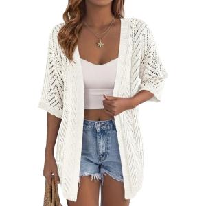 PRETTYGARDEN Women’s Lightweight Summer Cardigans 2026 Short Sleeve Knit Crochet Coverups Spring Boho Beach Vacation Clothes(White)