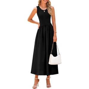 PRETTYGARDEN Women’s Maxi Sundress Casual Summer 2025 Sleeveless Asymmetrical Drop Waist Patchwork Long Flowy Tank Dresses(Black)
