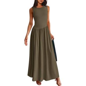 PRETTYGARDEN Women’s Maxi Sundress Casual Summer 2025 Sleeveless Asymmetrical Drop Waist Patchwork Long Flowy Tank Dresses(Dark Khaki)