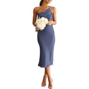 PRETTYGARDEN Women’s Midi Satin Dress One Shoulder Spaghetti Strap Backless Ruched Summer Bodycon Dresses(Dark Grey Blue)