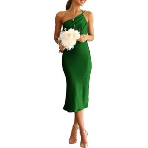 PRETTYGARDEN Women’s Midi Satin Dress One Shoulder Spaghetti Strap Backless Ruched Summer Bodycon Dresses(Green)