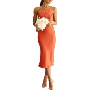 PRETTYGARDEN Women’s Midi Satin Dress One Shoulder Spaghetti Strap Backless Ruched Summer Bodycon Dresses(Orange)