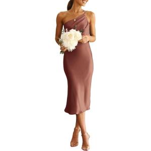 PRETTYGARDEN Women’s Midi Satin Dress One Shoulder Spaghetti Strap Backless Ruched Summer Bodycon Dresses(Red Brown)