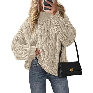 PRETTYGARDEN Women’s Oversized Fall Sweaters 2026 Casual Long Sleeve Crewneck Chunky Cable Knit Pullover Tops Winter Clothes(Apricot)