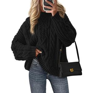 PRETTYGARDEN Women’s Oversized Fall Sweaters 2026 Casual Long Sleeve Crewneck Chunky Cable Knit Pullover Tops Winter Clothes(Black)