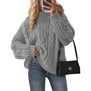 PRETTYGARDEN Women’s Oversized Fall Sweaters 2026 Casual Long Sleeve Crewneck Chunky Cable Knit Pullover Tops Winter Clothes(Grey)