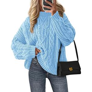 PRETTYGARDEN Women’s Oversized Fall Sweaters 2026 Casual Long Sleeve Crewneck Chunky Cable Knit Pullover Tops Winter Clothes(Light Blue)