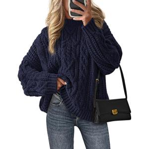PRETTYGARDEN Women’s Oversized Fall Sweaters 2026 Casual Long Sleeve Crewneck Chunky Cable Knit Pullover Tops Winter Clothes(Navy Blue)