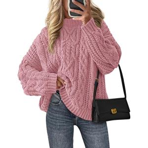 PRETTYGARDEN Women’s Oversized Fall Sweaters 2026 Casual Long Sleeve Crewneck Chunky Cable Knit Pullover Tops Winter Clothes(Pink)
