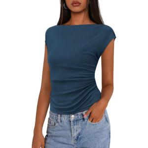 PRETTYGARDEN Women’s Ruched Crop Tank Tops 2025 Summer Trendy Cap Sleeve Ribbed Knit Basic Fitted Going Out Tee Shirts(Dark Blue)