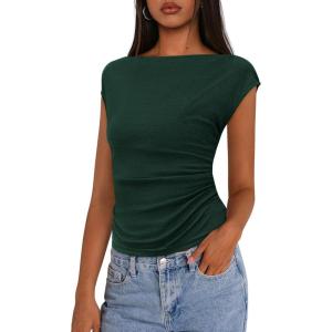 PRETTYGARDEN Women’s Ruched Crop Tank Tops 2025 Summer Trendy Cap Sleeve Ribbed Knit Basic Fitted Going Out Tee Shirts(Dark Green)