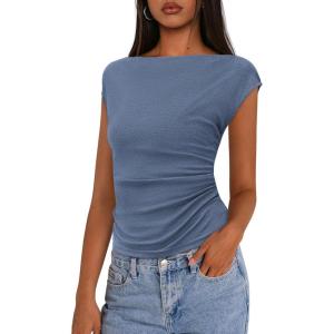 PRETTYGARDEN Women’s Ruched Crop Tank Tops 2025 Summer Trendy Cap Sleeve Ribbed Knit Basic Fitted Going Out Tee Shirts(Grey Blue)