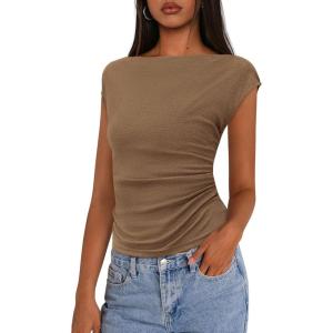 PRETTYGARDEN Women’s Ruched Crop Tank Tops 2025 Summer Trendy Cap Sleeve Ribbed Knit Basic Fitted Going Out Tee Shirts(Light Khaki)