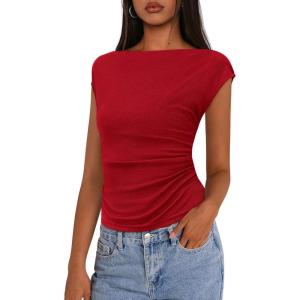 PRETTYGARDEN Women’s Ruched Crop Tank Tops 2025 Summer Trendy Cap Sleeve Ribbed Knit Basic Fitted Going Out Tee Shirts(Red)