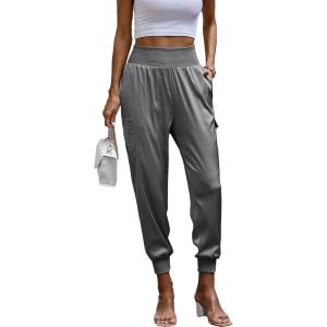 PRETTYGARDEN Women’s Satin Jogger Pants Casual Dressy High Waist Long Lounge Pant Trousers Summer Outfits with Pockets(Grey)