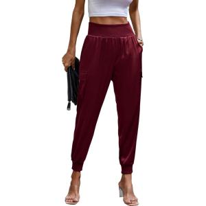 PRETTYGARDEN Women’s Satin Jogger Pants Casual Dressy High Waist Long Lounge Pant Trousers Summer Outfits with Pockets(Wine Red)