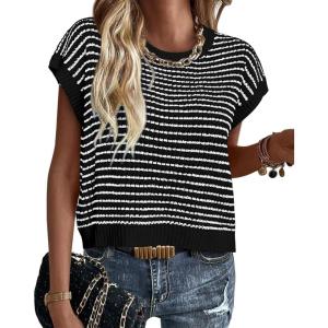 PRETTYGARDEN Womens Short Sleeve Sweater Spring Summer 2026 Round Neck Striped Pullover Cap Sleeve Knit Sweater Vest Tops(Black)