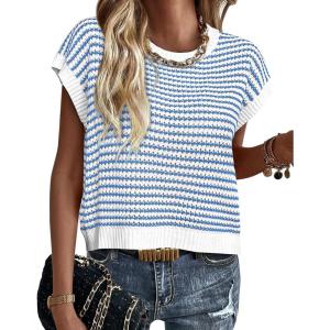 PRETTYGARDEN Womens Short Sleeve Sweater Spring Summer 2026 Round Neck Striped Pullover Cap Sleeve Knit Sweater Vest Tops(Blue)