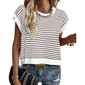 PRETTYGARDEN Womens Short Sleeve Sweater Spring Summer 2026 Round Neck Striped Pullover Cap Sleeve Knit Sweater Vest Tops(Brown)