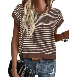PRETTYGARDEN Womens Short Sleeve Sweater Spring Summer 2026 Round Neck Striped Pullover Cap Sleeve Knit Sweater Vest Tops(Dark Brown)