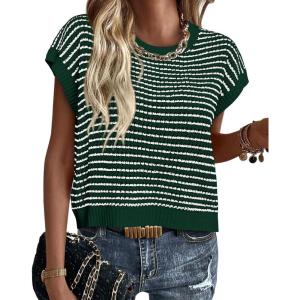 PRETTYGARDEN Womens Short Sleeve Sweater Spring Summer 2026 Round Neck Striped Pullover Cap Sleeve Knit Sweater Vest Tops(Dark Green)