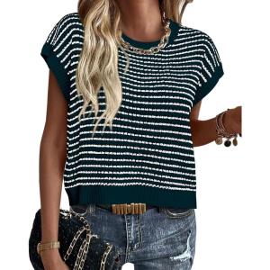 PRETTYGARDEN Womens Short Sleeve Sweater Spring Summer 2026 Round Neck Striped Pullover Cap Sleeve Knit Sweater Vest Tops(Malachite Green)