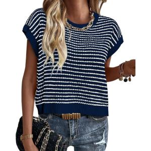 PRETTYGARDEN Womens Short Sleeve Sweater Spring Summer 2026 Round Neck Striped Pullover Cap Sleeve Knit Sweater Vest Tops(Navy)