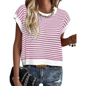 PRETTYGARDEN Womens Short Sleeve Sweater Spring Summer 2026 Round Neck Striped Pullover Cap Sleeve Knit Sweater Vest Tops(Rose Red)
