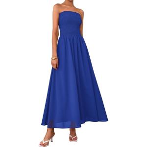 PRETTYGARDEN Women’s Strapless Wedding Guest Maxi Dresses 2025 Summer Trendy Elegant Classy Smocked Tube Long Flowy Sundress(Blue)