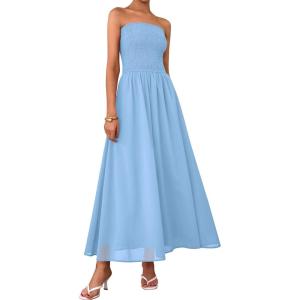 PRETTYGARDEN Women’s Strapless Wedding Guest Maxi Dresses 2025 Summer Trendy Elegant Classy Smocked Tube Long Flowy Sundress(Light Blue)