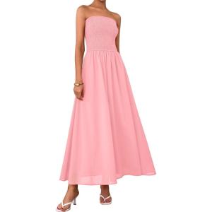 PRETTYGARDEN Women’s Strapless Wedding Guest Maxi Dresses 2025 Summer Trendy Elegant Classy Smocked Tube Long Flowy Sundress(Pink)