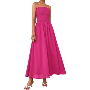 PRETTYGARDEN Women’s Strapless Wedding Guest Maxi Dresses 2025 Summer Trendy Elegant Classy Smocked Tube Long Flowy Sundress(Rose Red)