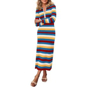 PRETTYGARDEN Women’s Striped Spring Midi Sweater Dress Fall Long Sleeve Button Up V Neck Knit Bodycon Vacation Party Dresses(Striped Blue)
