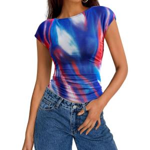 PRETTYGARDEN Women’s Summer Floral Mesh Tank Tops 2025 Trendy Casual Cap Sleeve Slim Fitted Blouse Shirt Going Out Outfits(Dark Blue)