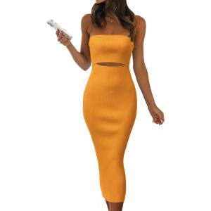 PRETTYGARDEN Women’s Summer Midi Bodycon Dress Strapless Cut Out Knit Tube Long Fitted Dresses(Solid Orange Yellow)