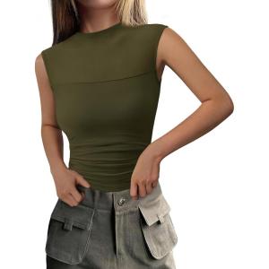 PRETTYGARDEN Women’s Summer Sheer Mesh Tank Tops 2025 Trendy Casual Sleeveless Mock Neck Ruched Slim Fitted Going Out Shirts(Army Green)