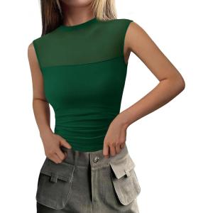 PRETTYGARDEN Women’s Summer Sheer Mesh Tank Tops 2025 Trendy Casual Sleeveless Mock Neck Ruched Slim Fitted Going Out Shirts(Dark Green)