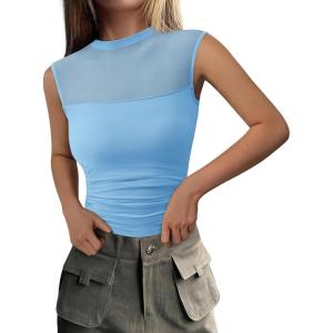 PRETTYGARDEN Women’s Summer Sheer Mesh Tank Tops 2025 Trendy Casual Sleeveless Mock Neck Ruched Slim Fitted Going Out Shirts(Light Blue)