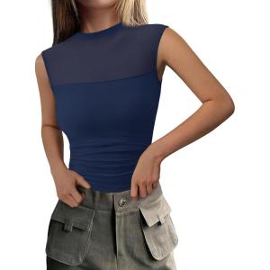 PRETTYGARDEN Women’s Summer Sheer Mesh Tank Tops 2025 Trendy Casual Sleeveless Mock Neck Ruched Slim Fitted Going Out Shirts(Navy)