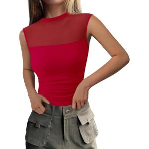 PRETTYGARDEN Women’s Summer Sheer Mesh Tank Tops 2025 Trendy Casual Sleeveless Mock Neck Ruched Slim Fitted Going Out Shirts(Red)
